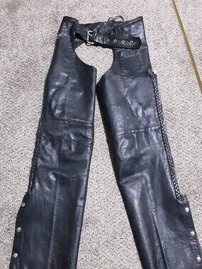 Barneys Leather Motorcycle Chaps Black Small Biker Riding Pants Braided